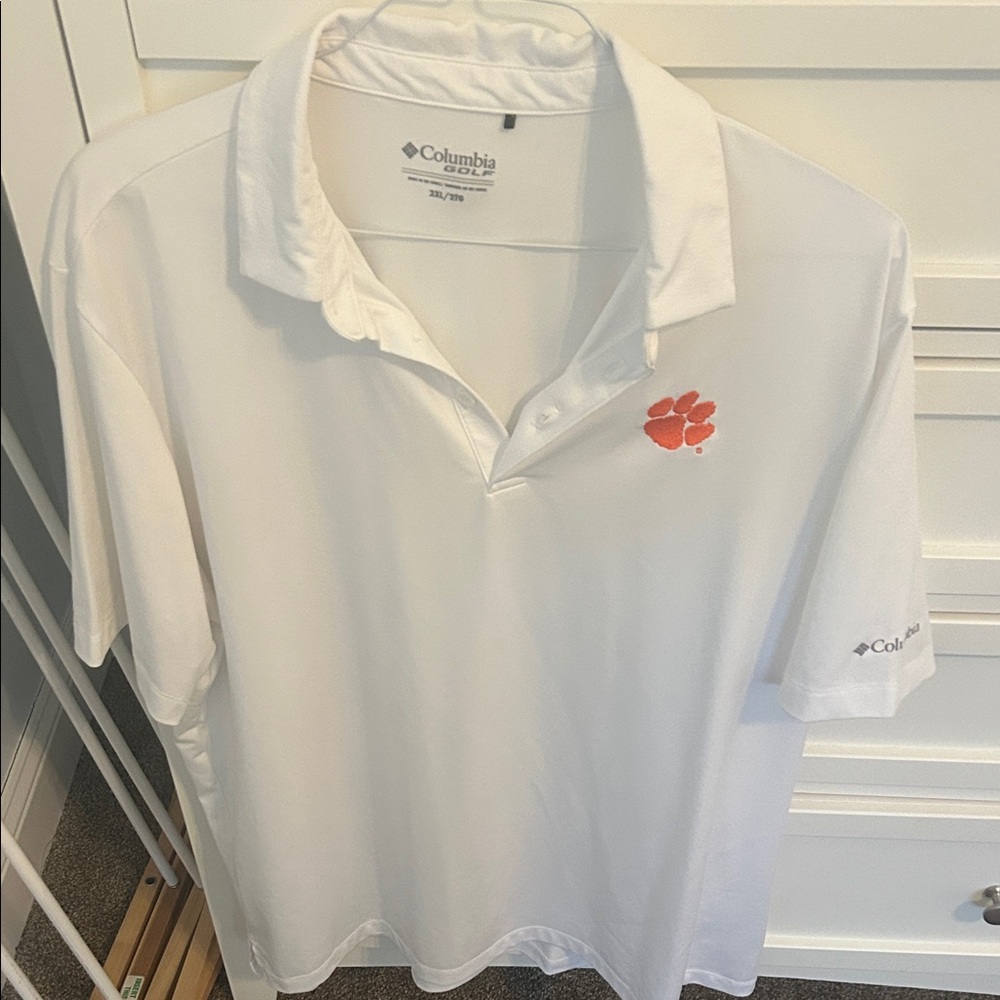 Columbia White Polo with Clemson Orange Emblem